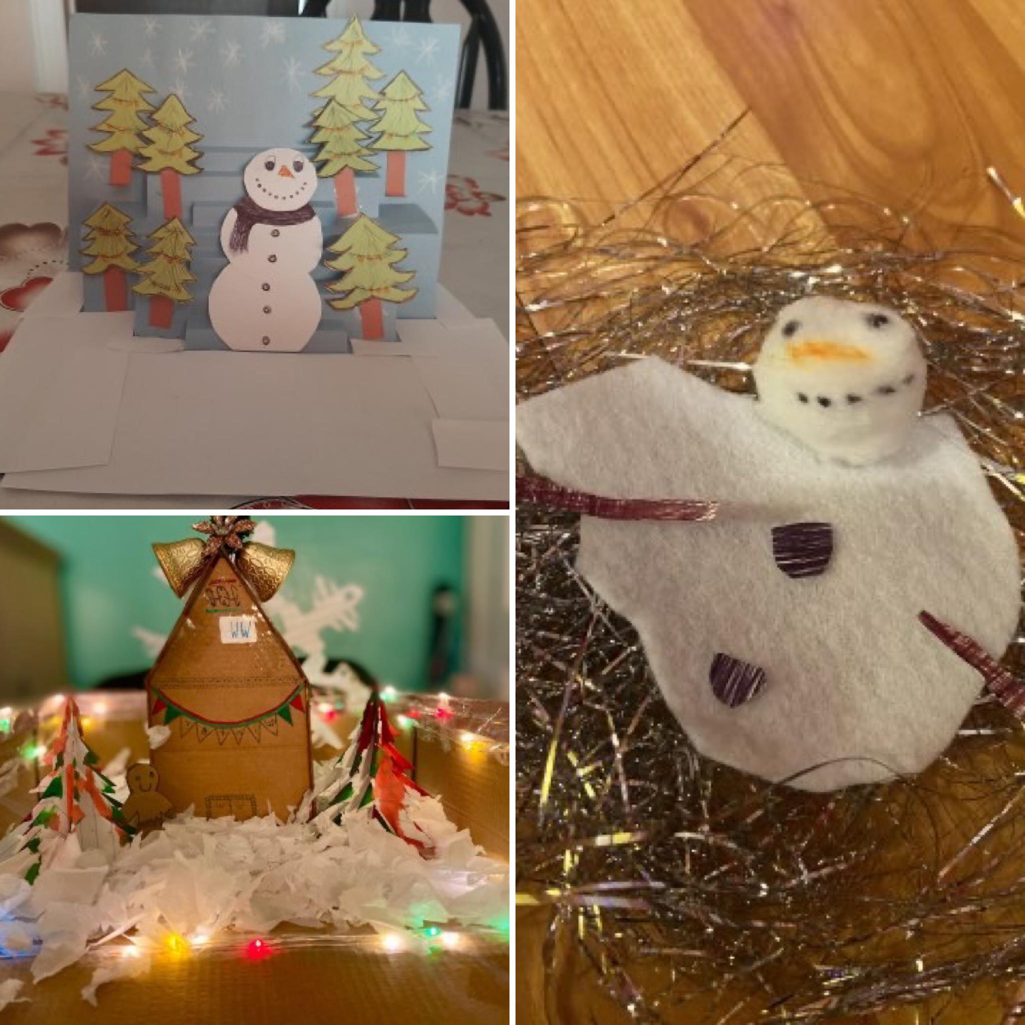 3 photo collage of crafts YS students & families made, including a melted snowman, a gingerbread house, and a pop-up winter scene.